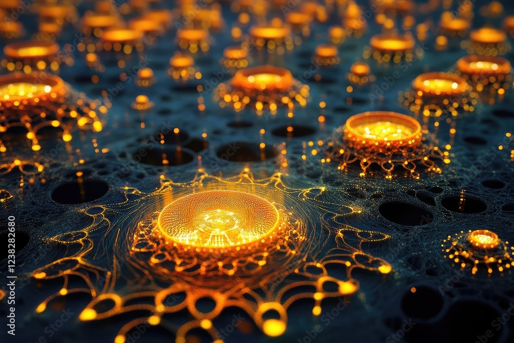 Poster conceptual art of ai algorithms visualized as glowing fractals in a vast digital space, symbolizing 
