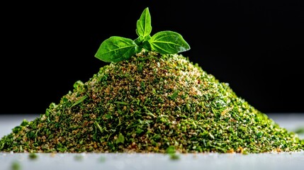 A mound of green seasoning with a basil leaf on top, showcasing natural herbs.