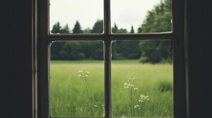 Window view grassy field, trees, summer