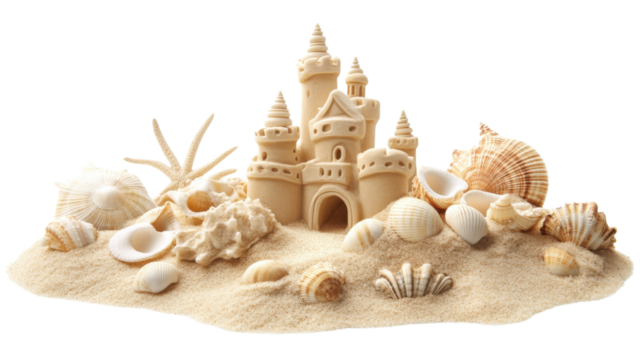 Sandcastle standing on beach with seashells and starfish on transparent background