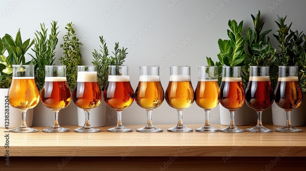 Aufkleber a colorful array of craft beers displayed on a wooden shelf with lush green plants in the background