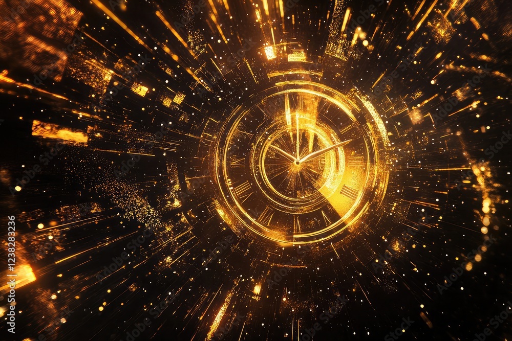 Poster countdown to 2025 with a golden clock and fireworks against a sparkling abstract background