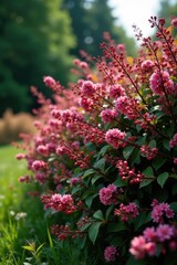 Low-angle shot of salmon berry bushes covered in pink flowers and foliage, bushy plants, pink flowers, wildflowers