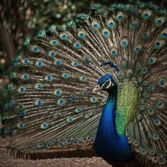 Obraz premium A peacock opens its magnificent tail feathers in a display of beauty. What is the peacock trying to communicate through this gesture?