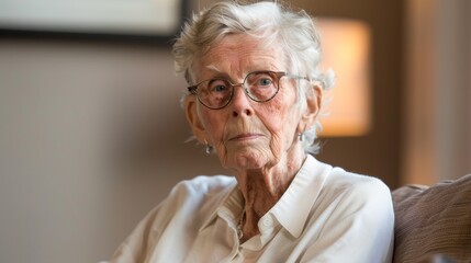 Elderly Woman with Silver Hair Sitting Comfortably at Home