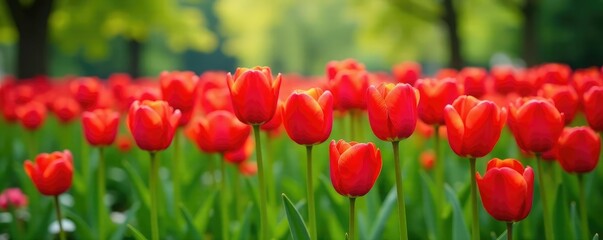 Fototapeta premium Lush greenery surrounds a field of red tulips, flower garden, natural