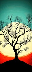Bare tree silhouette against a vibrant sunset with colorful sky and sun illuminating the landscape