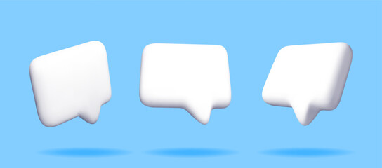 3D white blank speech bubble set isolated on blue. Render collection of chat balloon pin. Notification shape mockup. Communication, web, social network media, app button. Realistic vector illustration