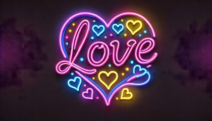 Glowing love neon signs in electric pink, blue, and yellow, arranged in a heart shape against a solid black background, creating a lively, illuminated effect