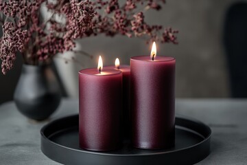 Elegant burgundy candles lit on a dark tray with dried flowers in a minimalist setting creating a warm ambiance in a cozy home