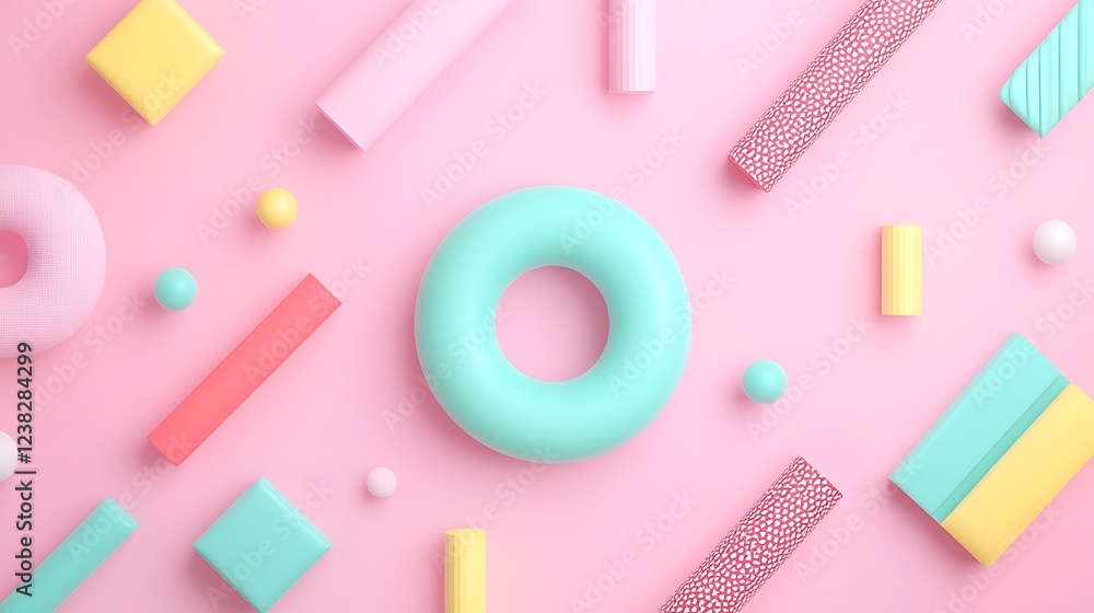 Poster colorful geometric shapes and patterns on soft pink background for modern design and creative projec
