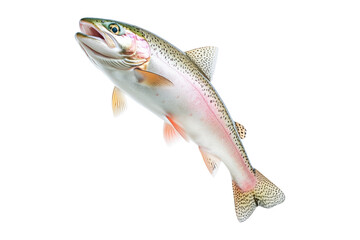 Obraz premium Closeup of a colorful rainbow trout fish with spotted scales, fins and open mouth isolated on white transparent background, concept of wildlife