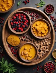 Fototapeta premium Overhead view of wooden bowls filled with turmeric, peppercorns, and berries, natural remedy, culinary art, holistic living