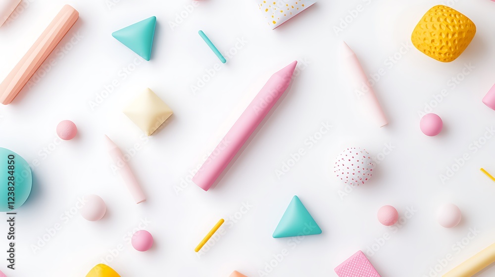 Poster colorful geometric shapes and textured objects scattered on a white background for creative and desi