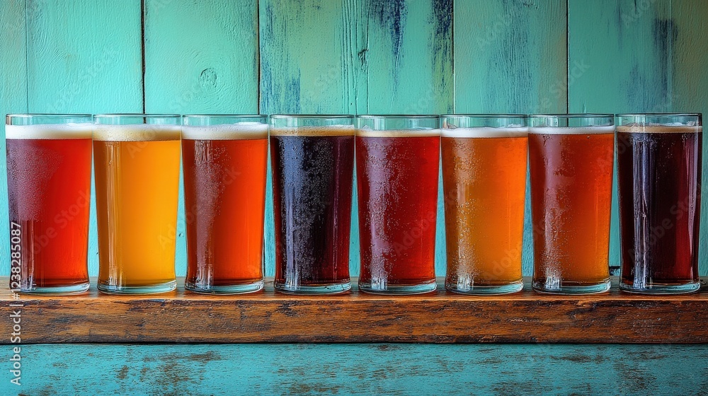 Poster a colorful array of craft beers in glasses lined up against a rustic wooden backdrop