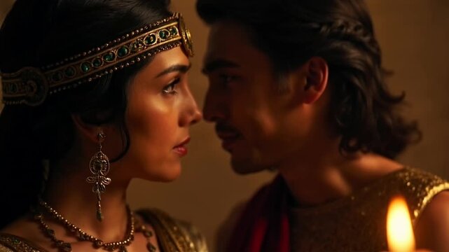 Cinematic close-up of Cleopatra whispering into the ear of Mark Antony, their golden jewelry shimmering under candlelight. The intimate moment captures power, seduction, and the politics of love.