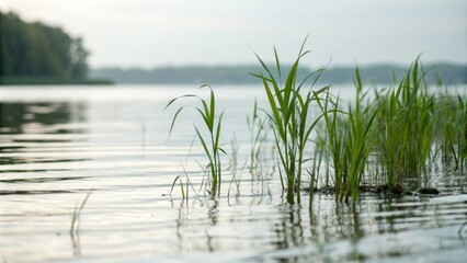 Softly focused image of aquatic vegetation with gentle ripples, river, blurred background, natural scenery