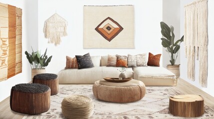 Bohemian Chic Living Room Interior Design with Neutral Tones and Earthy Textures