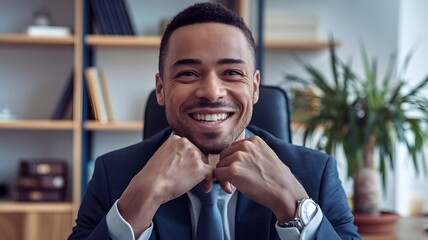 Obraz premium Happy Successful African American Businessman Portrait Smiling Confident Professional Executive Office Corporate Manager Leader Achiever Workplace Success Achievement Job Career Positive Attitude 