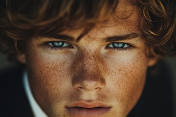 Obraz premium Young man with freckles and curly hair showcasing striking blue eyes against a neutral backdrop