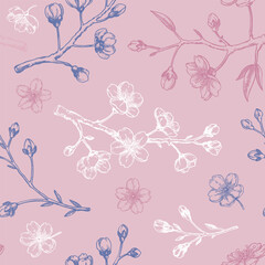 Sakura pattern. Cherry blossom tree background. Blooming flower sketches. Floral seamless design. Hand-drawn vector illustration. NOT AI genereted