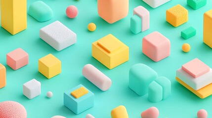 Colorful Geometric Shapes Arranging Harmoniously on a Bright Turquoise Background for Creative Design Inspiration