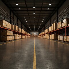 Vast Empty Warehouse with Boxed Inventory Storage