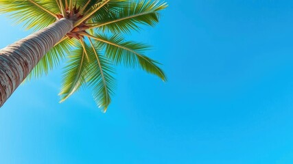 palm tree trunk on a blue sky background, soothing environment, ocean view, natural beauty