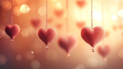 Hanging hearts, romantic bokeh, Valentine's Day, greeting card