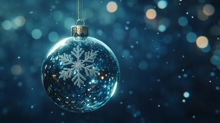 32.A festive scene with a shimmering Christmas tree bauble and a delicate snowflake hanging from the top. The background is a deep, glittery blue, filled with soft bokeh lights that add a magical
