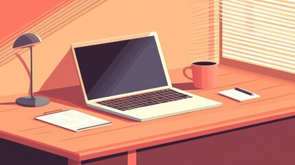 A minimalist workspace with a laptop, notepad, and coffee cup, symbolizing business startup tasks and ideas, with room for messaging.