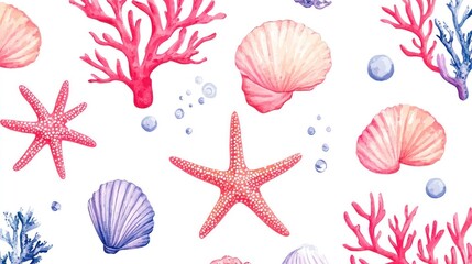Watercolor Seashells, Starfish, Coral Pattern