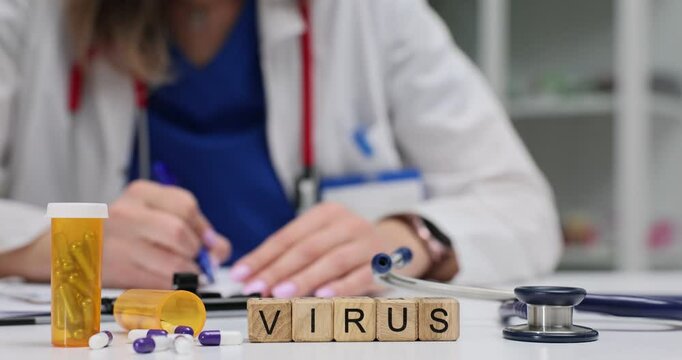 A healthcare setting with a doctor, focused on virus prevention, featuring a prescription bottle and medical tools