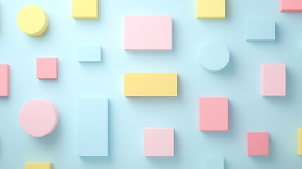 Colorful Geometric Shapes in Pastel Tones on Soft Blue Background for Modern Design and Creative Projects