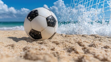 A soccer ball rests on sandy beach with waves crashing in the background.
