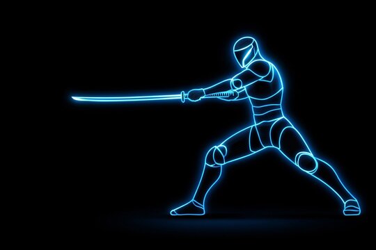 Cyber security crime attack concept. A glowing neon silhouette of a warrior wielding a sword in a dynamic pose against a black background.