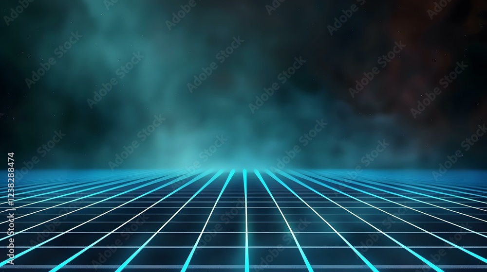 Poster the image shows a gridded surface with bright teal lines receding to a blurry teal and dark backgrou