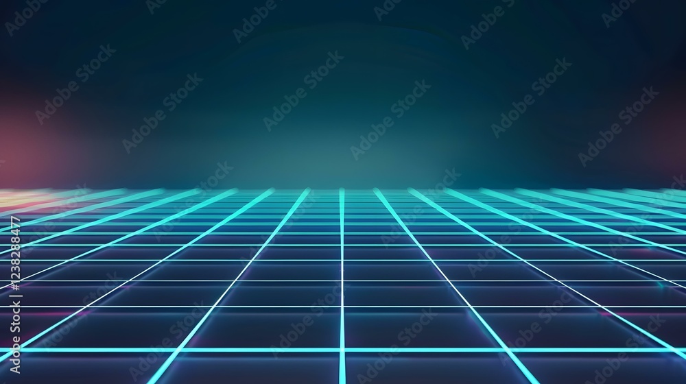 Poster the image shows a grid pattern of bright teal lines forming squares on a dark blue background, creat