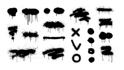 Spray graffiti texture with smudges and drops. Street aerosol clouds vector templates. Spray paint shapes, graffiti mockups, stencil. Street art with splashes and dripping paint. Vector aerosol set