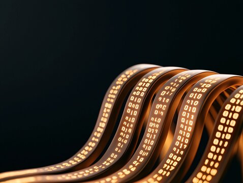 Cyber security crime attack concept. Film strips with binary code flow gracefully against a dark background, representing digital media and technological themes.