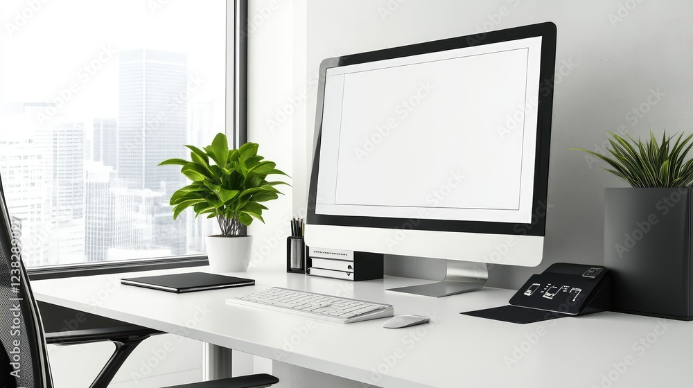 Poster a professional home office setup with a computer showing a video call screen, offering space for vir