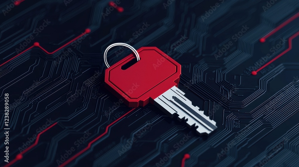 Aufkleber a red key rests on a dark, circuit-patterned surface, symbolizing security and technology in the dig
