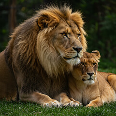 Fototapeta premium Regal Companions: A Majestic Lion and Lioness in Golden Hour. Generative AI.