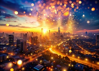 Fototapeta premium Abstract Aerial Particle Effect Background: Glittering Dust and Light Trails Over Cityscape