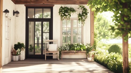 Sunlit porch with plants, wooden bench, and entrance.