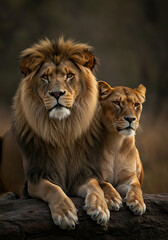 Fototapeta premium Regal Companions: A Majestic Lion and Lioness in Golden Hour. Generative AI.