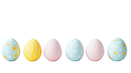 Row of pastel colored easter eggs with polka dots on transparent background
