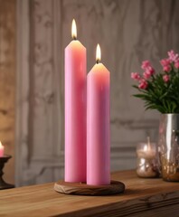 Pink tall advent candle burning on a wooden console table, warm glow, tall