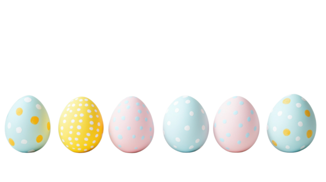 Row of pastel colored easter eggs with polka dots on transparent background