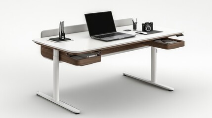 A sleek office desk with a laptop, wireless charger, and digital camera, offering plenty of space for technology-related content.